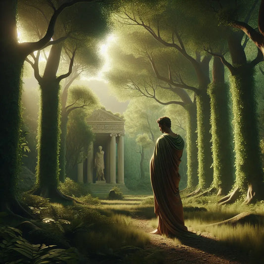 An ancient Roman philosopher in a toga stands contemplatively in a lush green forest, symbolizing wisdom and balance.