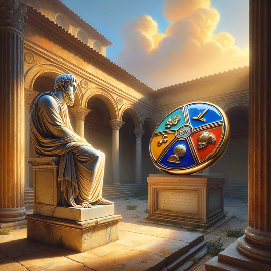 Ancient marble philosopher statue beside a vibrant modern enamel pin displaying the four cardinal Stoic virtues, blending classical Roman style with contemporary art in a warm, cinematic setting.