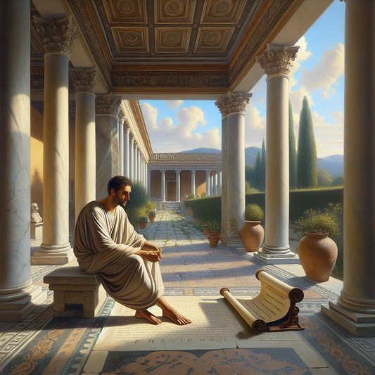 Ancient Roman philosopher in serene meditation holding a vintage scroll of Marcus Aurelius Meditations, bathed in warm soft daylight in a classical villa courtyard.