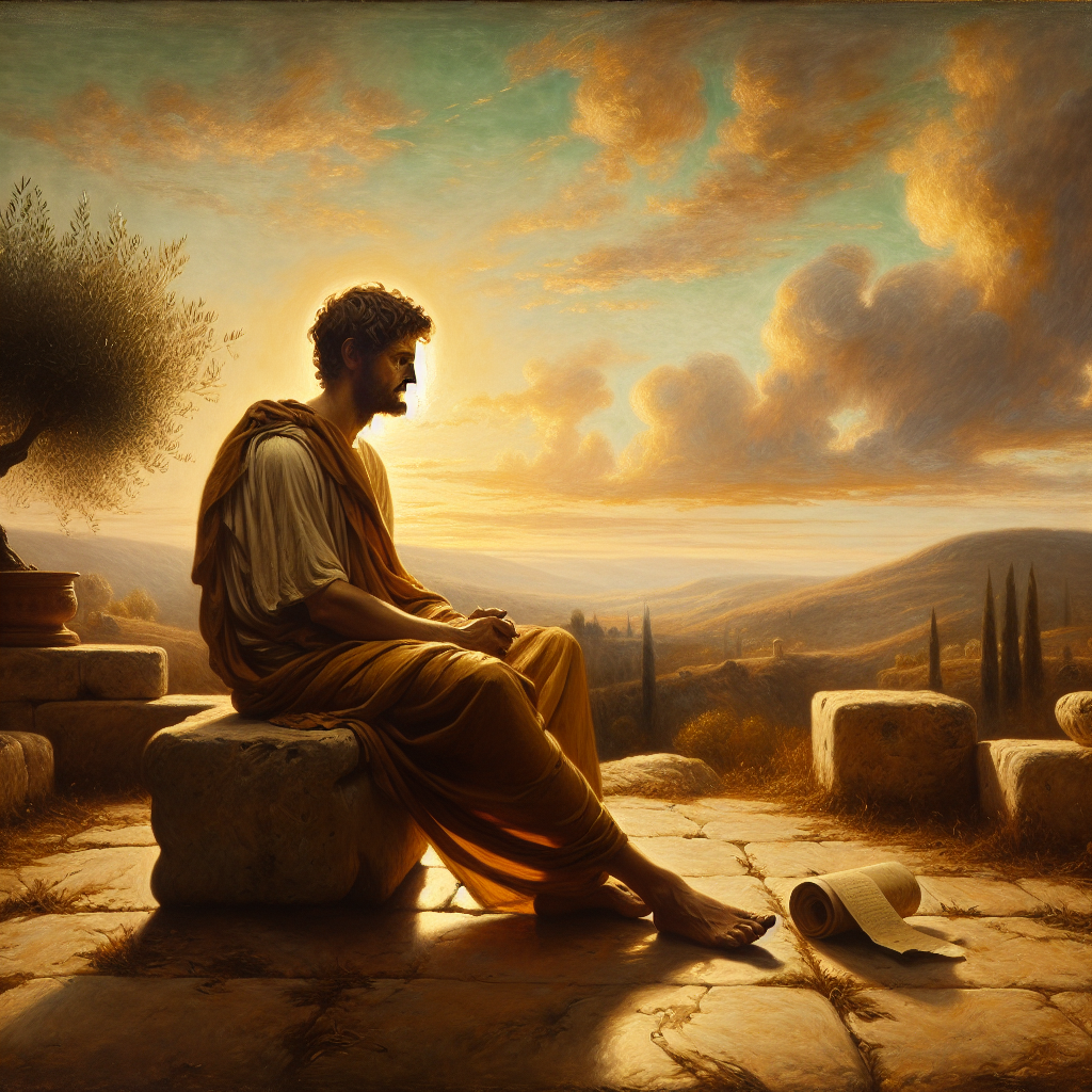 Roman philosopher meditating calmly outdoors in a serene natural landscape, embodying Stoic philosophy and mindful control, styled after classic 1960s Roman historical epics.