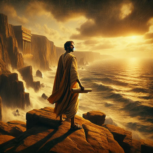 A Roman philosopher stands on a cliff overlooking the ocean, deep in thought, in the style of a 1960s historical epic.