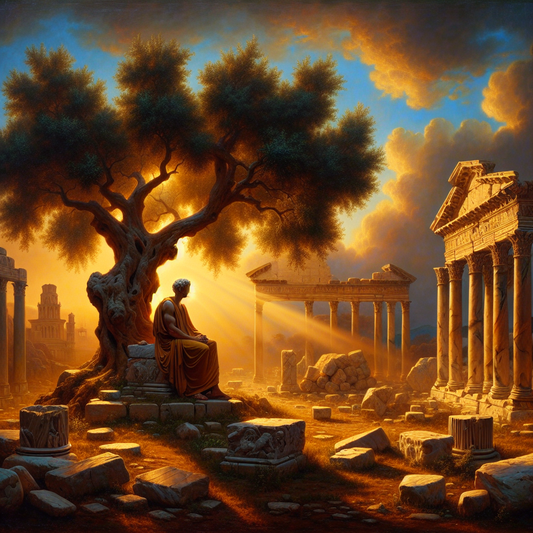 A Roman philosopher in a simple toga reflects quietly under an olive tree beside ancient classical ruins bathed in warm morning light, evoking Stoic virtue in a cinematic painting style.