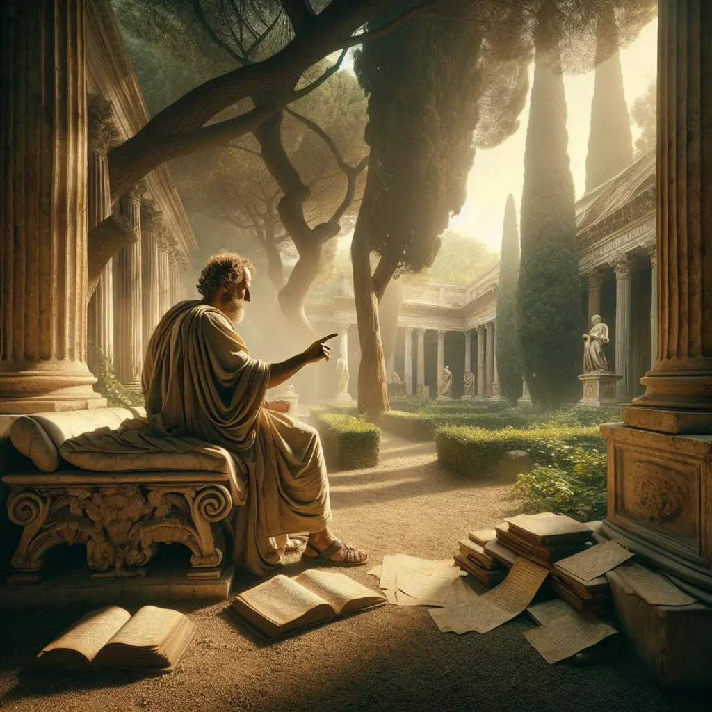 A Roman philosopher in a toga sitting on a marble bench, reflecting quietly in a serene garden setting of ancient Rome.