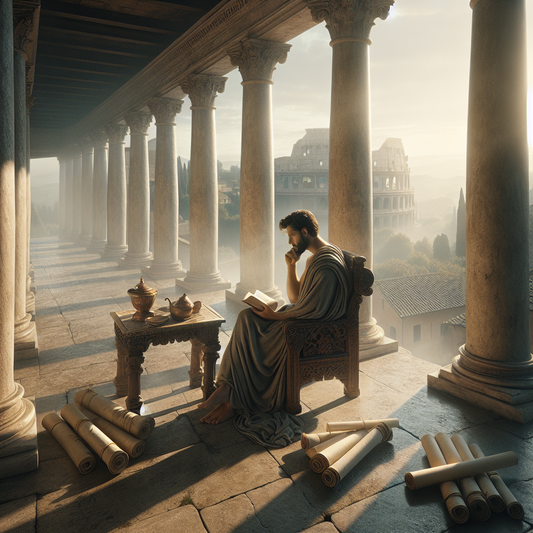 Roman philosopher drinking tea, reflecting on life's choices in a serene ancient setting.