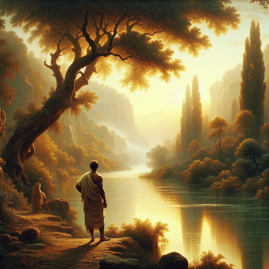 Serenity of an ancient Roman philosopher by a flowing river, representing impermanence and life's rhythms in a classical painting style.