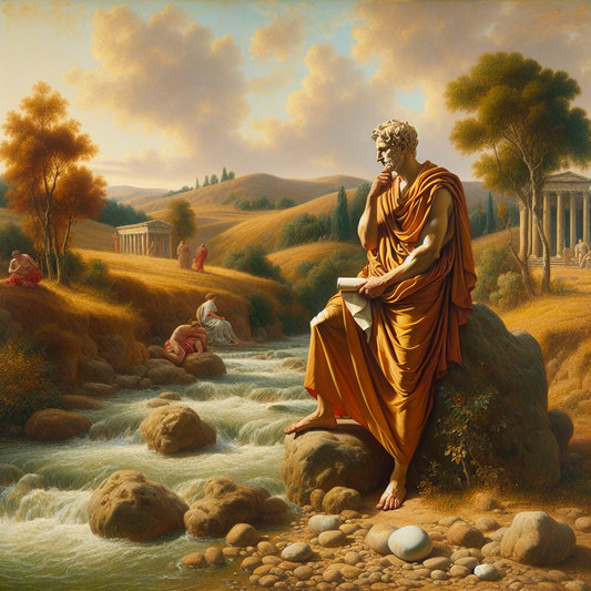 Ancient Roman philosopher in a calm riverside setting, reflecting on Stoic philosophy, depicted in warm, painterly style reminiscent of 1960s historical epics.