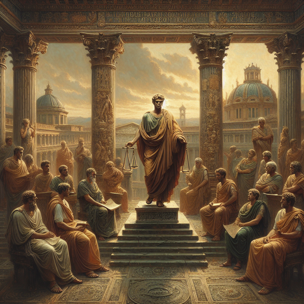 An ancient Roman philosopher in traditional robes stands calmly in a sunlit forum surrounded by symbols of love and balance, conveying stoic love and emotional resilience in a cinematic painting style.