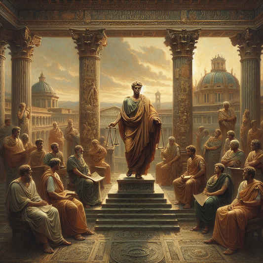 An ancient Roman philosopher in traditional robes stands calmly in a sunlit forum surrounded by symbols of love and balance, conveying stoic love and emotional resilience in a cinematic painting style.