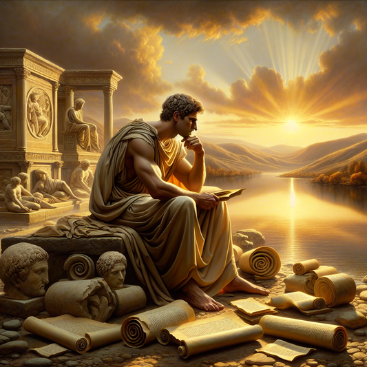 Ancient Roman philosopher studying stoic texts beside a calm river at sunset, surrounded by scrolls and symbols of wisdom, in a peaceful reflective setting inspired by 1960s historical epic films.