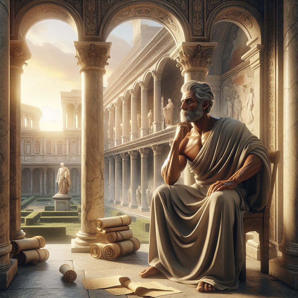 Stoic philosopher in ancient Roman setting, deep in thought, with elegant architecture in the background, inspired by classic historical films.