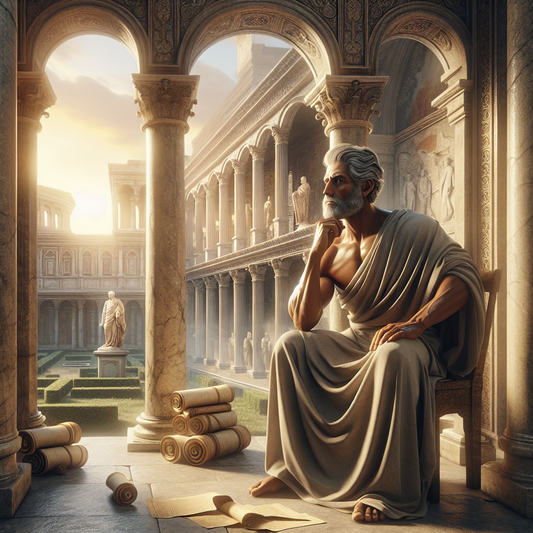 Stoic philosopher in ancient Roman setting, deep in thought, with elegant architecture in the background, inspired by classic historical films.