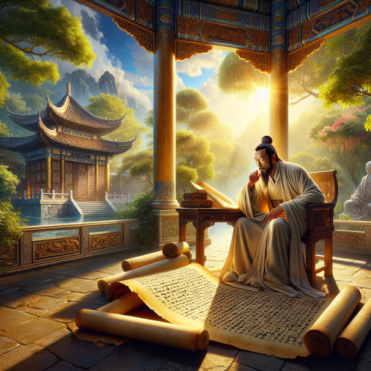 Roman philosopher in classic robes contemplating beside an ancient scroll, symbolizing Stoic wisdom.