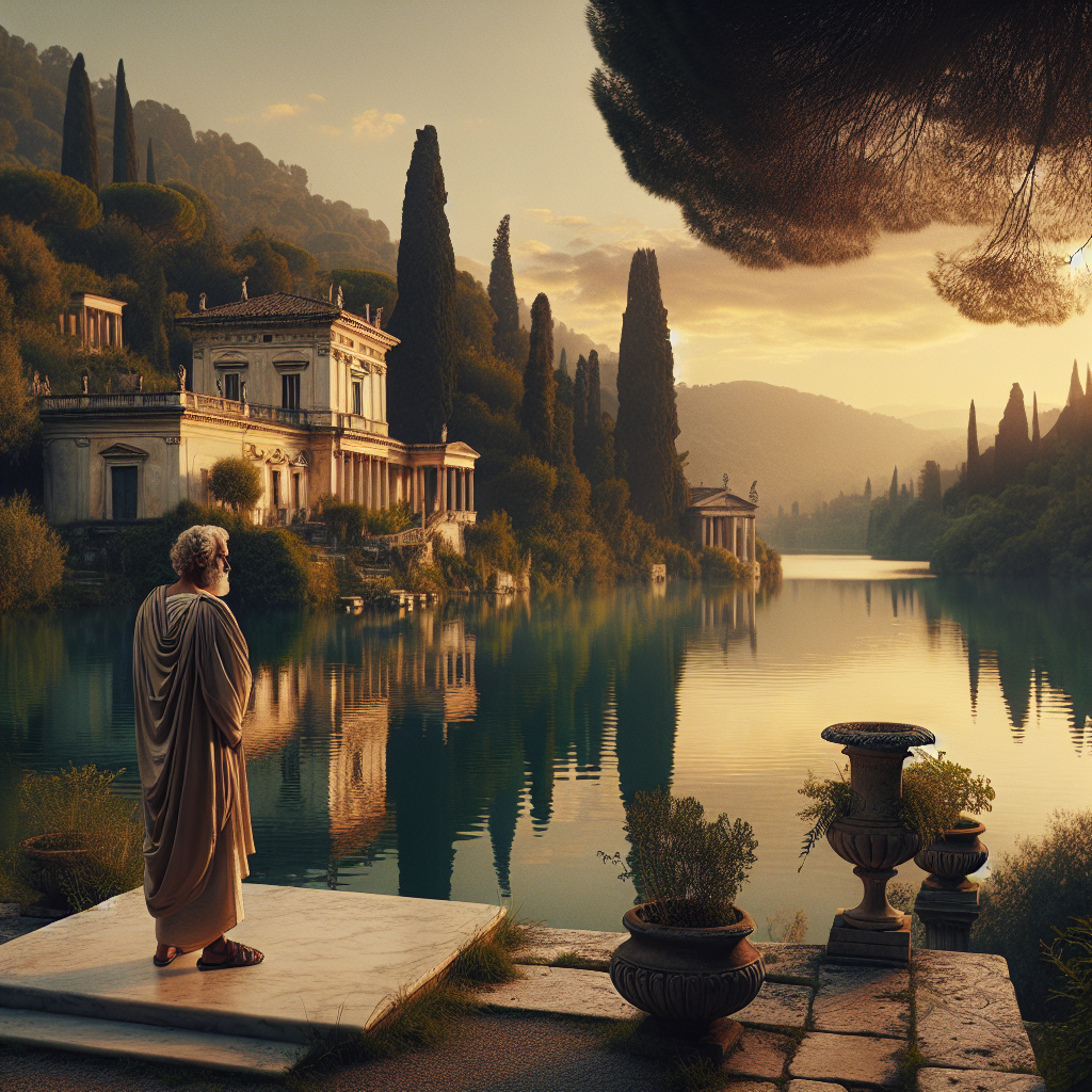 Roman philosopher standing by a tranquil lake at dawn, symbolizing Stoicism and inner peace, inspired by classic historical films of the 1960s.