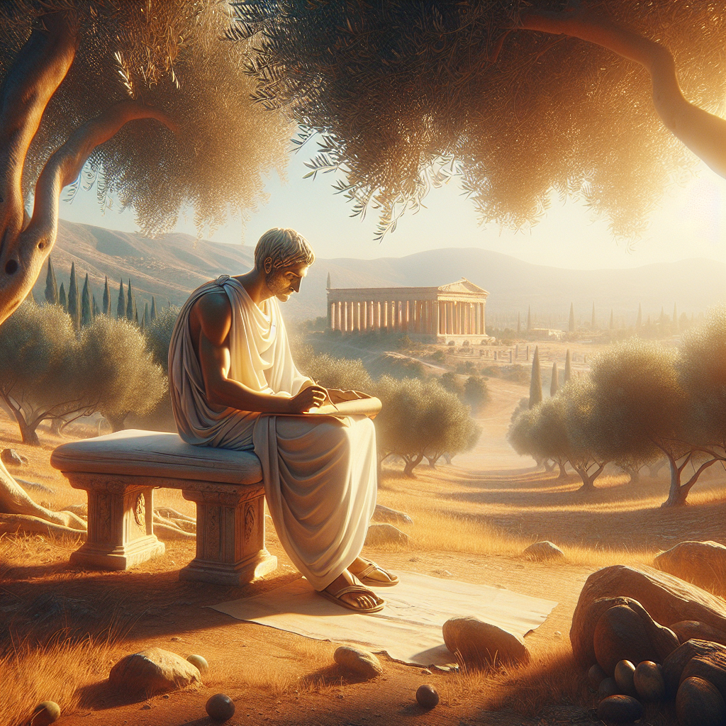 Roman philosopher in deep thought amidst a serene natural setting, inspired by 1960s historical epics.