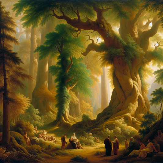 Roman philosophers amidst a serene forest with vibrant foliage, conveying life's beauty and Stoic balance in a 1960s film style.