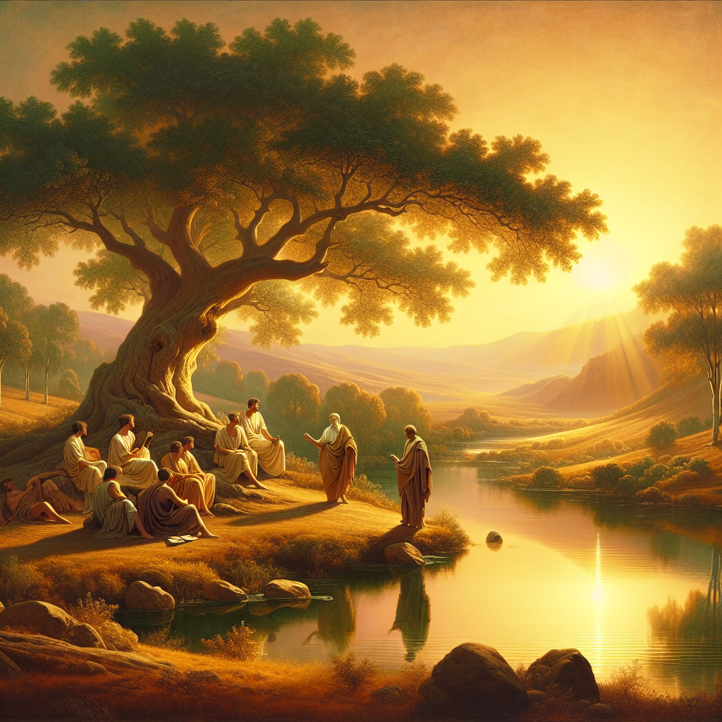 Serene Roman landscape with an oak tree, a calm river, and philosophers, embodying Stoic tranquility.