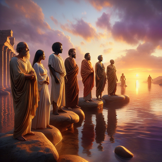 Roman philosophers in togas by a tranquil sea at dawn, reflecting on inner peace against a serene landscape in a 1960s historical epic style.