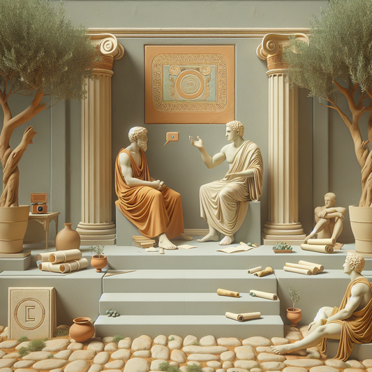Serene Roman philosophers Marcus Aurelius and Epictetus in a classical garden setting, with subtle modern digital icons integrated on a stone tablet, rendered in warm earth tones and 1960s cinematic style.