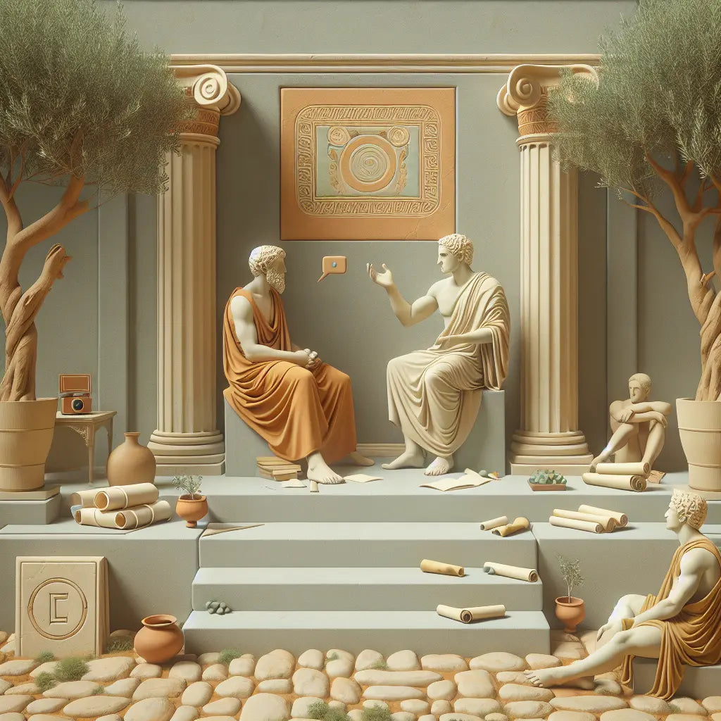 Serene Roman philosophers Marcus Aurelius and Epictetus in a classical garden setting, with subtle modern digital icons integrated on a stone tablet, rendered in warm earth tones and 1960s cinematic style.