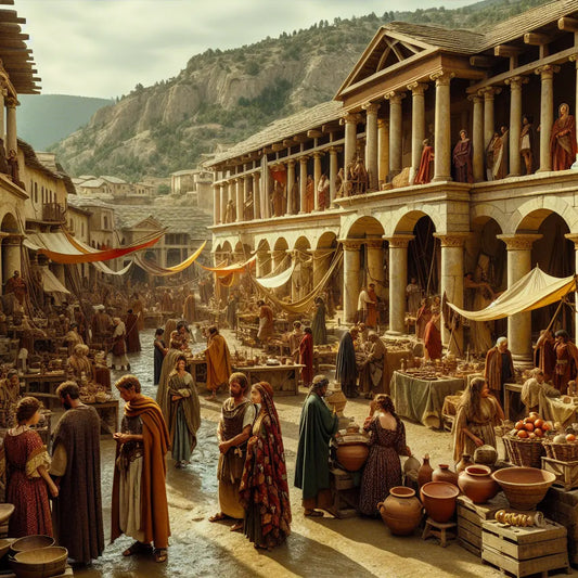 Roman provincial market scene blending traditional Roman and Bavarian clothing, with diverse townspeople amid colorful paint swatches symbolizing language learning and cultural connection, rendered in a cinematic 1960s historical epic painting style.