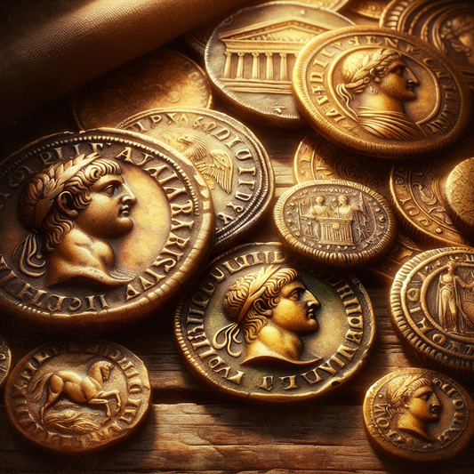 Close-up of rare ancient Roman coins including Galba, Augustus, Brutus aurei and the EID MAR Denarius on an aged wooden table, lit to highlight detailed designs and golden tones in the style of classical Roman epics.