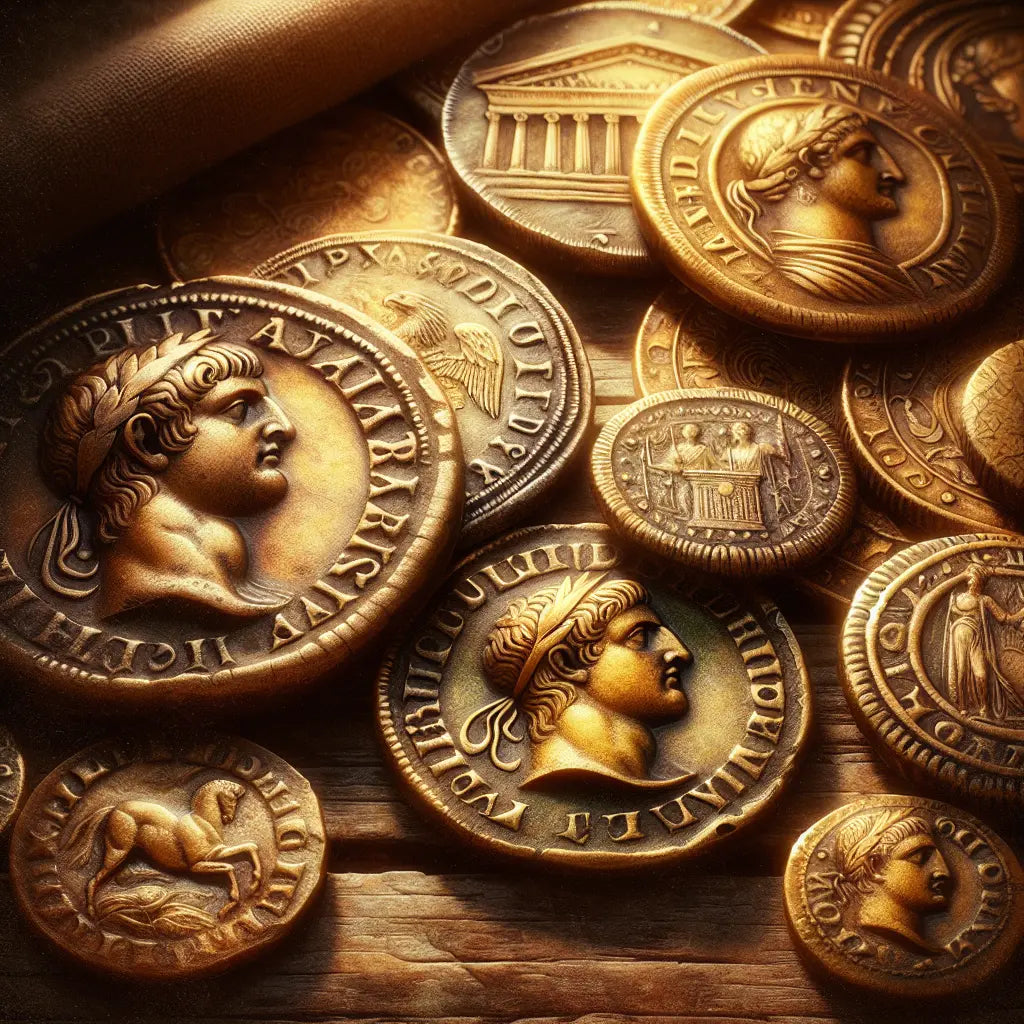 Close-up of rare ancient Roman coins including Galba, Augustus, Brutus aurei and the EID MAR Denarius on an aged wooden table, lit to highlight detailed designs and golden tones in the style of classical Roman epics.