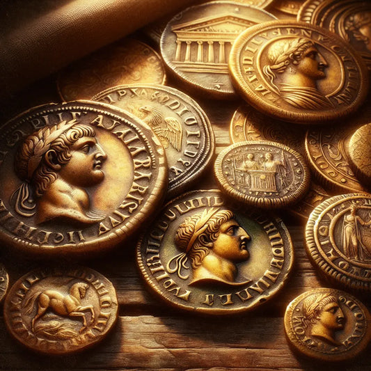 Close-up of rare ancient Roman coins including Galba, Augustus, Brutus aurei and the EID MAR Denarius on an aged wooden table, lit to highlight detailed designs and golden tones in the style of classical Roman epics.