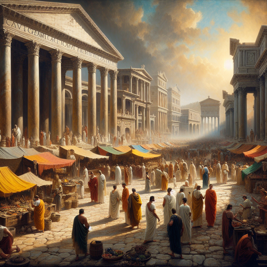 Ancient Roman marketplace during the Republic era showing patricians in white togas observing while plebeians work stalls, with grand Roman architecture in the background, inspired by 1960s historical epic films.