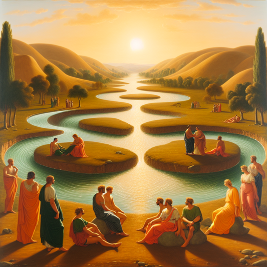 Ancient Roman riverside landscape with parallel flowing rivers symbolizing personal growth, inspired by 1960s historical films.