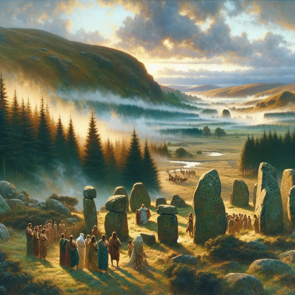 Roman scholars at dawn in misty Celtic highlands with ancient stone circles surrounded by forests and rivers, painted in a 1960s historical epic style.