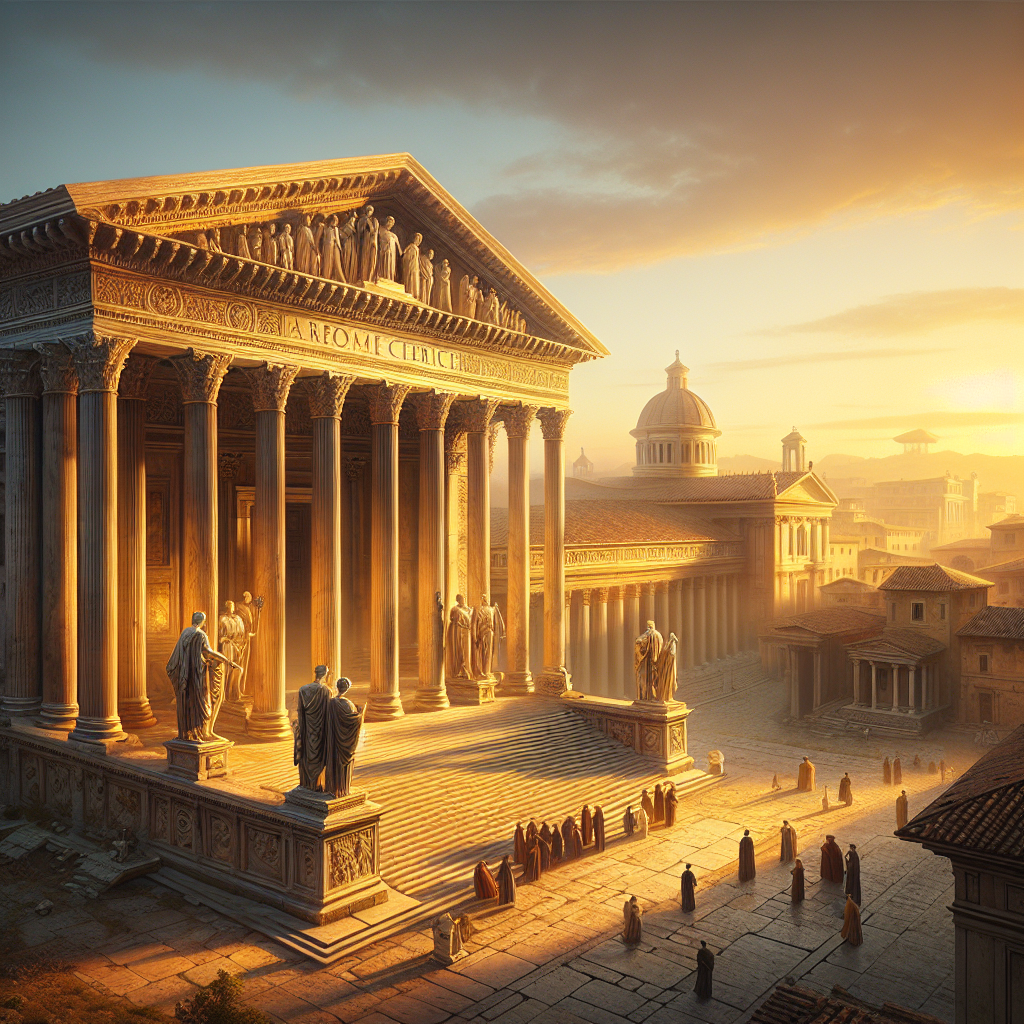 Ancient Roman Senate building at dawn with statues of Augustus Caesar illuminated by golden light, capturing the grandeur and power of the birth of the Roman Empire in a 1960s cinematic painting style.