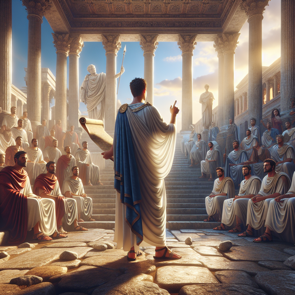Roman senator addressing the Senate in the Roman Forum, surrounded by soldiers and citizens, depicted in a cinematic 1960s historical film style.