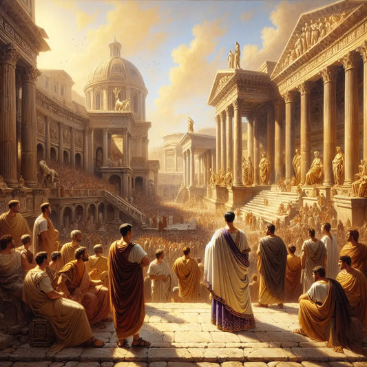 A Roman senator in white and purple toga stands on marble steps in a bustling Roman forum surrounded by citizens and soldiers under bright warm daylight, styled like a 1960s historical epic painting.