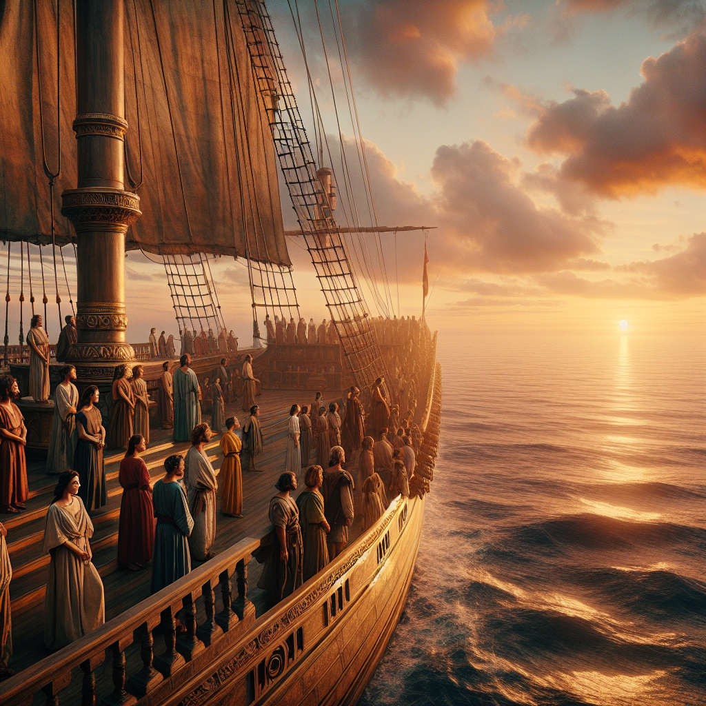 Passengers in Roman attire on an ancient-style ship deck gazing at a sunset over a serene ocean, painted in a 1960s historical epic style.