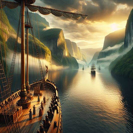 A serene, painterly view from the deck of an elegant Roman ship cruising lush northern fjords at sunset, in a warm cinematic style inspired by 1960s Roman historical epics.