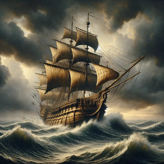 An ancient Roman ship with torn sails battles a violent storm at sea under dark clouds, symbolizing the turbulent Crisis of the Third Century, painted in a cinematic 1960s historical epic style.