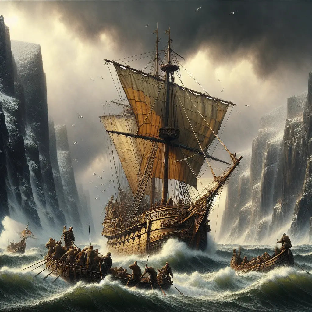 A large ancient Roman-style ship battling a fierce storm on the North Sea near rocky Norwegian shores under dark, stormy skies, depicted in a cinematic 1960s historical epic painting style.