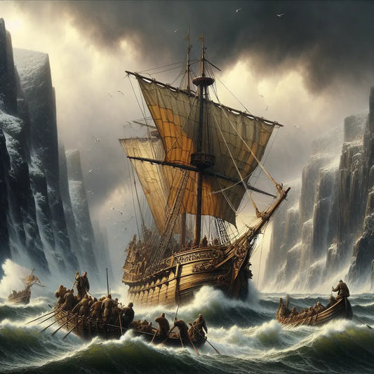 A large ancient Roman-style ship battling a fierce storm on the North Sea near rocky Norwegian shores under dark, stormy skies, depicted in a cinematic 1960s historical epic painting style.