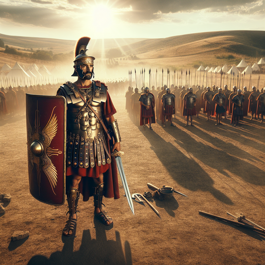 Ancient Roman soldier in full segmented armor holding a gladius and shield, standing on a battlefield with disciplined legion formations and campers in the background, inspired by classic 1960s historical epics.