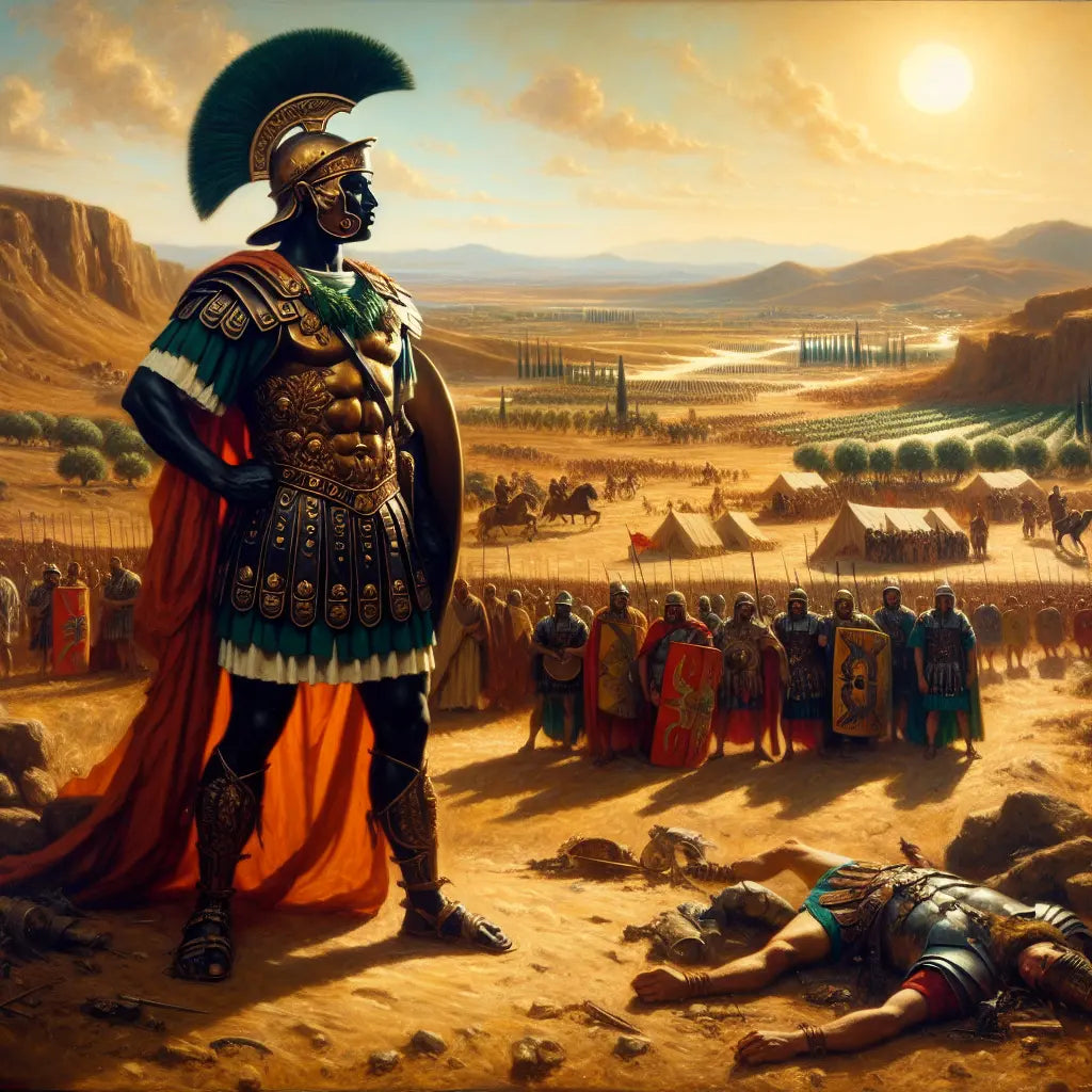 Roman soldier wearing the Civic Crown of woven oak leaves stands proudly on a dusty battlefield under the Mediterranean sun, surrounded by legionaries and distant hills.