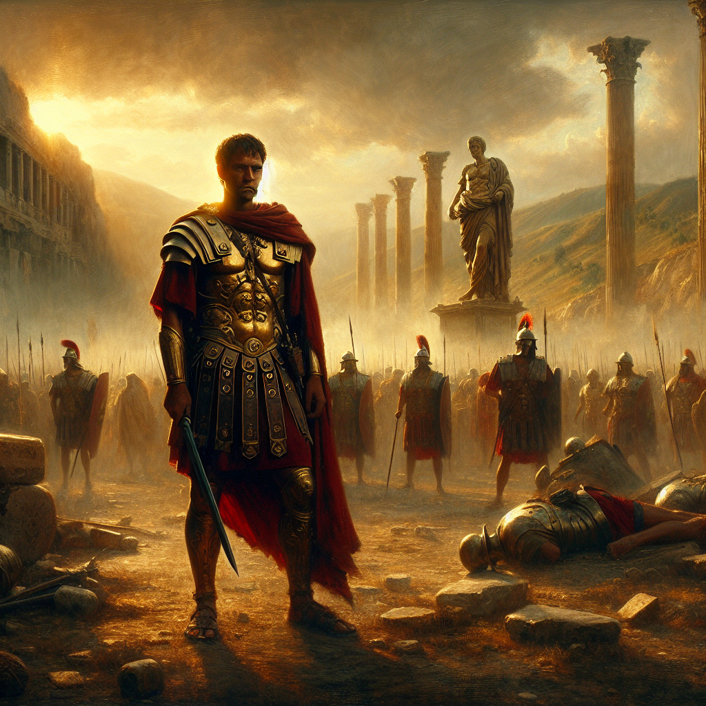 A calm Roman soldier stands confidently on a chaotic ancient battlefield, surrounded by symbolic marble statues of stoicism, under warm daylight in the style of 1960s historical epics.