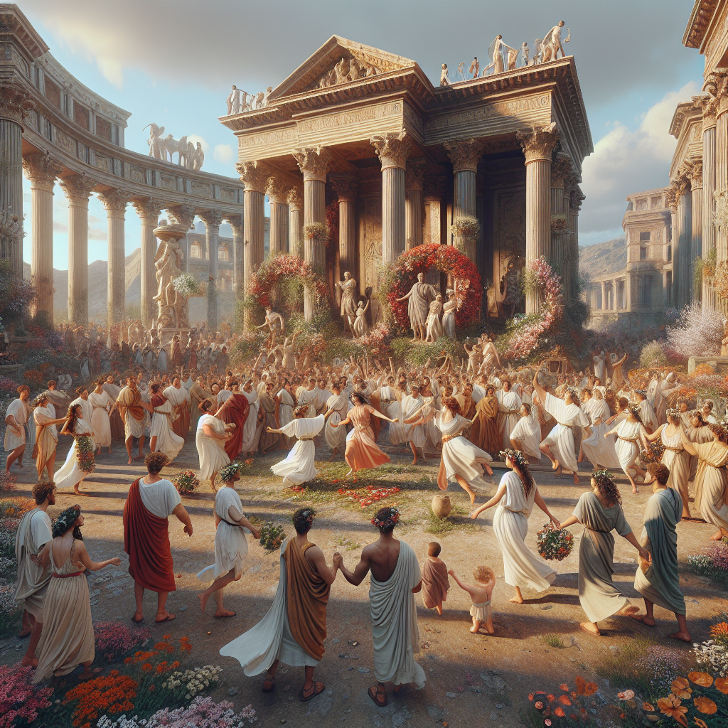Ancient Romans celebrating a spring festival wearing flower crowns, surrounded by blooming flowers and classical Roman architecture, in the style of 1960s historical film epics.