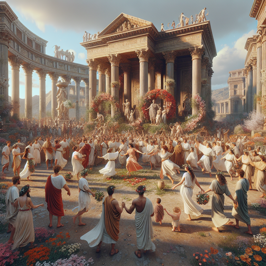 Ancient Romans celebrating a spring festival wearing flower crowns, surrounded by blooming flowers and classical Roman architecture, in the style of 1960s historical film epics.