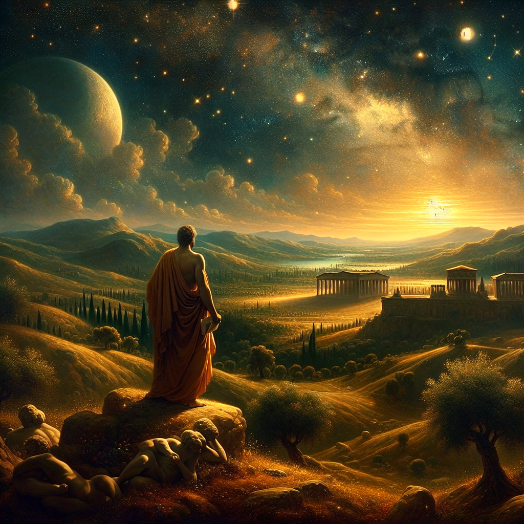 A Roman philosopher in a toga overlooking a calm natural landscape under a starry night sky symbolizing Stoic harmony between nature and reason.