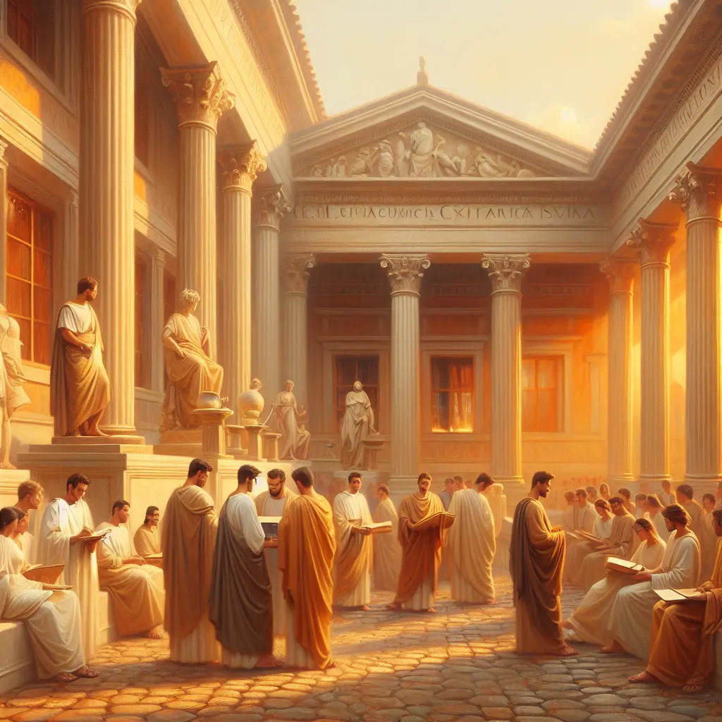 Roman philosophers in togas gathered in a warm-lit ancient forum, subtly holding glowing laptop and smartphone screens, surrounded by laurel wreaths and Roman scales symbolizing stoic wisdom and balance, in a 1960s epic painting style.