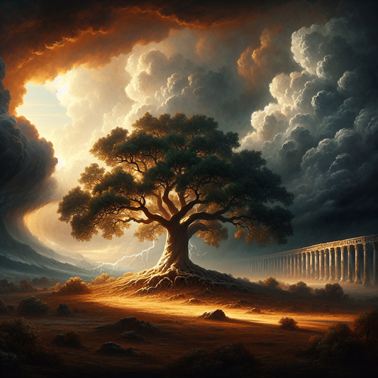An oak tree resiliently stands during a storm, symbolizing stoic resilience and strength, in a 1960s historical film style.