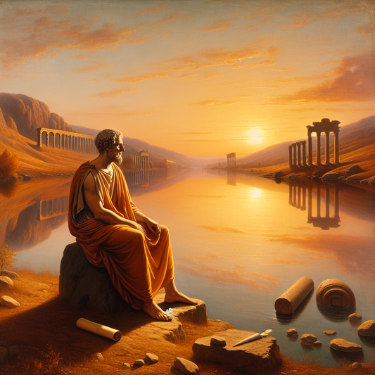 A Roman philosopher meditates peacefully by a calm lakeside at sunset, surrounded by gentle hills and ancient ruins, embodying Stoic ideals of acceptance and resilience in a warm golden light.