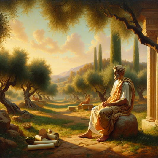 A Roman philosopher meditating calmly in nature at sunrise, surrounded by olive trees and ancient ruins, in a warm and tranquil Roman landscape.