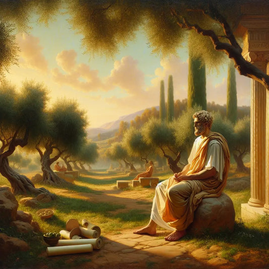 A Roman philosopher meditating calmly in nature at sunrise, surrounded by olive trees and ancient ruins, in a warm and tranquil Roman landscape.