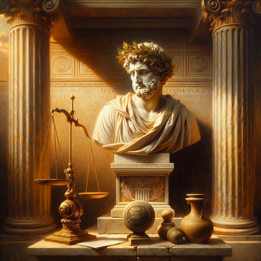 A serene ancient Roman marble statue of a Stoic philosopher wearing a laurel wreath and accompanied by bronze scales of justice, set in a warm sunlight Roman courtyard with classical architecture.